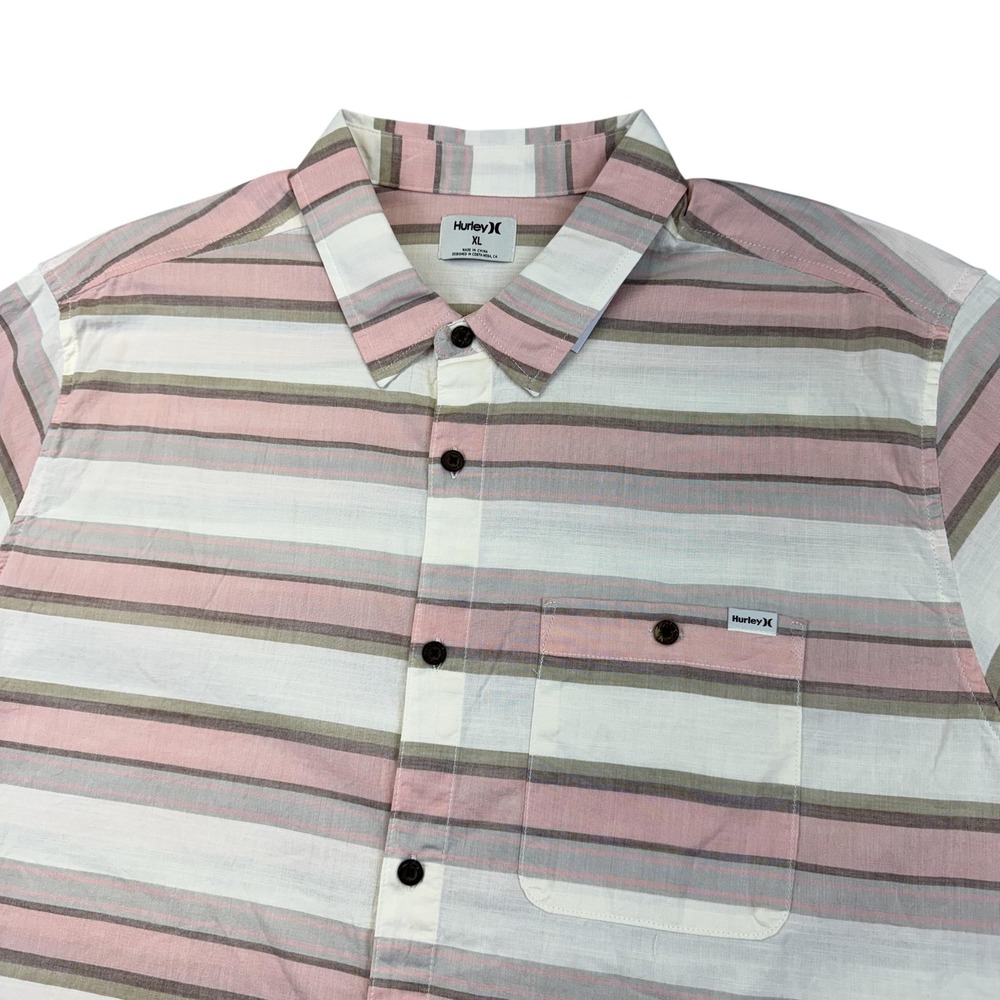Hurley‎ Shirt Mens XL Pink Tan Stripe OAO Lod Short Sleeve Button Up Stretch